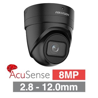 HIKVISION, 8MP HD-IP Outdoor Vandal Turret camera, Black, 2.8-12.0mm motorised zoom lens, 40m IR, WDR, Day/Night (ICR), 1/1.8" CMOS, H.265/H.265+, IP66, IK10, Tri-axis, 12V DC/PoE