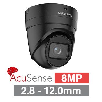 HIKVISION, 8MP HD-IP Outdoor Vandal Turret camera, Black, 2.8-12.0mm motorised zoom lens, 40m IR, WDR, Day/Night (ICR), 1/1.8" CMOS, H.265/H.265+, IP66, IK10, Tri-axis, 12V DC/PoE