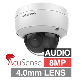 HIKVISION, 8MP AcuSense G2 HD-IP outdoor Vandal Dome camera w/ audio, White, 4.0mm fixed lens, 30m IR, WDR, Microphone, I/O (Alarm & Audio), 1/1.8” CMOS, H.265+, IP67, IK10, Tri-axis, 12V DC/POE