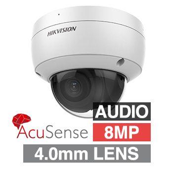 HIKVISION, 8MP AcuSense G2 HD-IP outdoor Vandal Dome camera w/ audio, White, 4.0mm fixed lens, 30m IR, WDR, Microphone, I/O (Alarm & Audio), 1/1.8” CMOS, H.265+, IP67, IK10, Tri-axis, 12V DC/POE