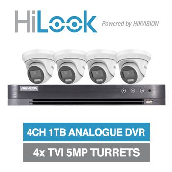 HILOOK/HIKVISION, 4 channel HD-TVI 4MP turret kit, Includes 1x  iDS-7204HUHI-M1/S-1T 4ch Analogue HD DVR, 4x 5MP TVI IR turret cameras w/ 2.8mm fixed lens & 12V DC PSU