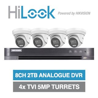 HILOOK/HIKVISION, 8 channel HD-TVI 4MP turret kit, Includes 1x iDS-7208HUHI-M1/S-2T 8ch Analogue HD DVR, 4x 5MP TVI IR turret cameras w/ 2.8mm fixed lens & 12V DC PSU