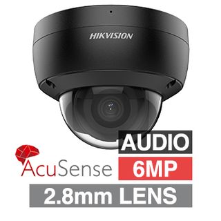 HIKVISION, 6MP AcuSense G2 HD-IP outdoor Vandal Dome camera w/ audio, Black, 2.8mm fixed lens, 30m IR, WDR, Microphone, I/O (Alarm & Audio), 1/2.4” CMOS, H.265+, IP67, IK10, Tri-axis, 12V DC/POE