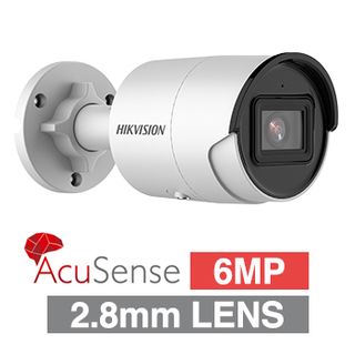 HIKVISION, 6MP AcuSense G2 HD-IP outdoor Mini Bullet camera w/ audio, White, 2.8mm fixed lens, 40m IR, WDR, Microphone, 1/2.4” CMOS, H.265+, IP67, Tri-axis, 12V DC/POE