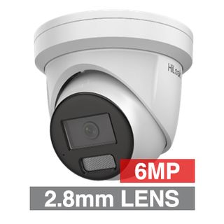 HILOOK, AIO 6MP HD-IP Outdoor Turret camera with Red & Blue Strobe, 2 Way Audio, White, 2.8mm lens, 30m IR or White light, 120dB WDR, 1/2.4" CMOS, H.265/H.265+, IP67, Tri-axis, MIC, 12V DC/PoE