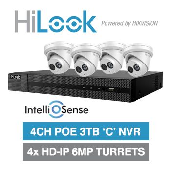 HILOOK, 4 channel IntelliSense HD-IP turret 6MP kit, Includes 1x NVR-104MH-C/4P-3T 4ch POE NVR w/ 3TB HDD & 4x IPC-T261H-M-2.8 6MP IP IR turret cameras w/ 2.8mm fixed lens