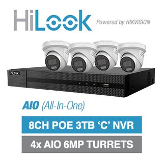 HILOOK, 8 channel AIO HD-IP turret 6MP kit, Includes 1x NVR-108MH-C/8P-3T 8ch POE NVR w/ 3TB HDD & 4x IPC-T269H-MU/SL-2.8 6MP IP IR turret cameras w/ 2.8mm fixed lens