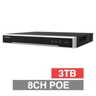 HIKVISION, 8K-IP PoE NVR, 8 channel POE (IEEE 802.3af/at), 128Mbps bandwidth, 1x 3TB SATA HDD (2x 14TB max), VMD, Ethernet, 1x USB2.0 & 1x USB3.0, 1 Audio In/Out, HDMI/VGA