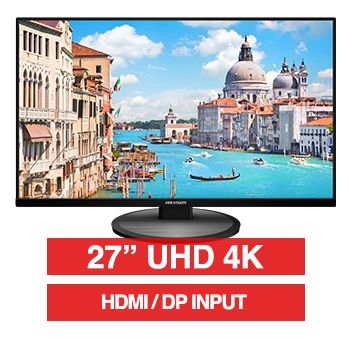 HIKVISION, 27" LED 16:9 Colour Monitor (Black), 4K 3840 x 2160 resolution, 14ms response, 1000:1 contrast ratio, HDMI/DP input, 100x100 VESA mount, Incl. Desk stand