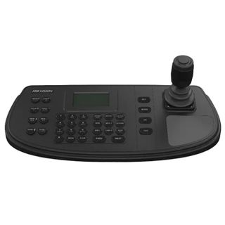 HIKVISION, PTZ keyboard controller, USB, RS-232, RS-422 & RS-485 connections, 12V DC, small LCD screen.