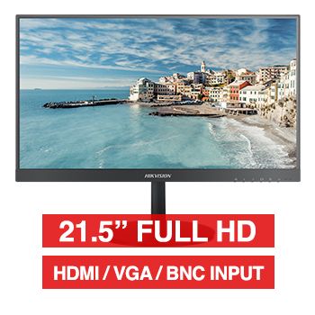 HIKVISION, 21.5" LED 16:9 Colour Monitor (Black), Full HD 1920x1080 resolution, 5ms response, 1000:1 contrast ratio, HDMI/VGA/BNC input, BNC loop output, Audio In/Out, 100x100 VESA mount