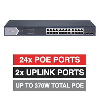 HIKVISION, 24 Port Smart Managed POE network switch, 24x Gigabit PoE ports + 2x Gigabit RJ45 & 2x SFP Uplink ports (Shared), Max port output 30W power, Total POE power up to 370W