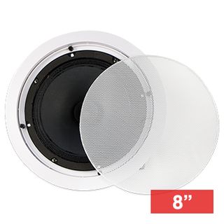 CMX, 8" Dual cone speaker, Ceiling mount, 15W, 8" (200mm), includes white metal grille, Full range sound, Rota-clamp mounting, 100-15KHz response, 100V line (Taps at 1.25,2.5,5,10,15W), cutout 240mm,