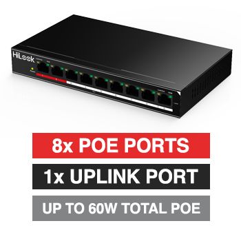 HILOOK, 8 Port Ethernet POE network switch, Unmanaged, 8x 10/100Mbps PoE ports, 1x 10/100Mbps Uplink port, Max port output 7.25W power, Total POE power up to 58W, IEEE802.3af,