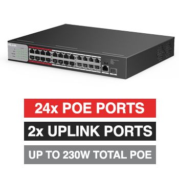 HILOOK, 24 Port Ethernet POE network switch, Unmanaged, 24x 10/100Mbps PoE ports, 1x 10/100/1000Mbps Uplink port, 1x 1000M SFP, Max port output 9.40W power, Total POE power up to 225W, IEEE802.3a