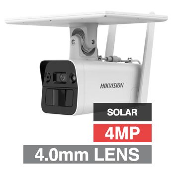 HIKVISION, Fixed Outdoor Bullet camera with Solar power, White, 4MP, 4G-LTE, 6.5W solar panel, on board battery, 4.0rmm fixed lens, 30m IR, DWDR, Day/Night (ICR), 1/3" CMOS, H.265 & H.265+, IP67