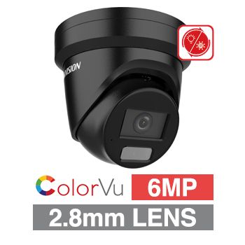 HIKVISION, 6MP ColorVu Hybrid HD-IP outdoor Turret camera w/ mic, Black, 2.8mm fixed lens, 40m IR & White LED, WDR, Microphone, 1/1.8” CMOS, H.265+, IP67, Tri-axis, 12V DC/POE