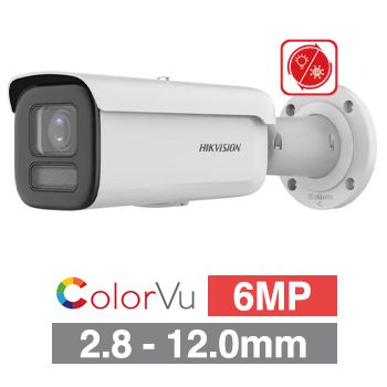 HIKVISION, 6MP ColorVu Hybrid HD-IP outdoor Bullet camera, White, 2.8-12mm motorised zoom lens, 60m IR & White Light, WDR, I/O (Alarm & Audio), 1/1.8” CMOS, H.265+, IP67, IK10, Tri-axis, 12V DC/POE