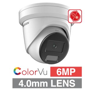 HIKVISION, 6MP ColorVu Hybrid HD-IP outdoor Turret camera w/ mic, White, 4.0mm fixed lens, 40m IR & White LED, WDR, Microphone, 1/1.8” CMOS, H.265+, IP67, Tri-axis, 12V DC/POE