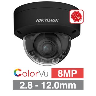 HIKVISION, 8MP ColorVu Hybrid HD-IP outdoor Vandal Dome camera, Black, 2.8-12mm motorised zoom lens, 40m IR & White LED, WDR, I/O (Alarm & Audio), 1/1.8” CMOS, H.265+, IP67, IK10, Tri-axis, 12V DC/POE
