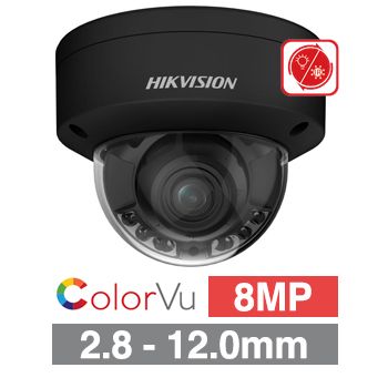 HIKVISION, 8MP ColorVu Hybrid HD-IP outdoor Vandal Dome camera, Black, 2.8-12mm motorised zoom lens, 40m IR & White LED, WDR, I/O (Alarm & Audio), 1/1.8” CMOS, H.265+, IP67, IK10, Tri-axis, 12V DC/POE