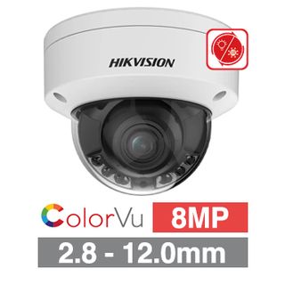 HIKVISION, 8MP ColorVu Hybrid HD-IP outdoor Vandal Dome camera, White, 2.8-12mm motorised zoom lens, 40m IR & White LED, WDR, I/O (Alarm & Audio), 1/1.8” CMOS, H.265+, IP67, IK10, Tri-axis, 12V DC/POE