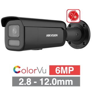 HIKVISION, 6MP ColorVu Hybrid HD-IP outdoor Bullet camera, Black, 2.8-12mm motorised zoom lens, 60m IR & White Light, WDR, I/O (Alarm & Audio), 1/1.8” CMOS, H.265+, IP67, IK10, Tri-axis, 12V DC/POE
