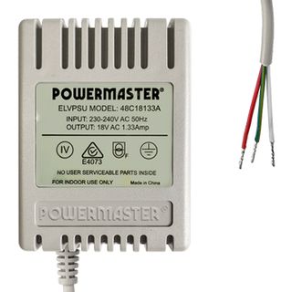 POWERMASTER, Power supply, 18V AC, 1.33 amp, Plug pack style, Tinned leads, suits Bosch alarm panels, 58x77x57mm (WxHxD).