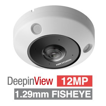 HIKVISION, 12MP HD-IP Fisheye camera, White/Black, Surface Mount, 1.29mm fixed lens, Mic & speaker, 15m IR, DWDR, Day/Night (ICR), 1/1.8" CMOS, H.265+, IP67, IK10, 12V DC/PoE