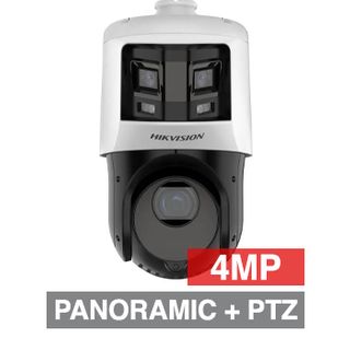 HIKVISION, TandemVu/ColorVu, 4MP PTZ/6MP 180 degree camera, 25x optical PTZ & 2x 2.8mm stitched cameras, White/Black, 30m white light/100m IR, 1/2.8" PTZ & 1/2.5" fixed, H.265+, IP66, 12V DC/PoE+