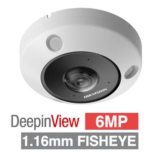 HIKVISION, 6MP DeepinView HD-IP Fisheye camera, White/Black, 1.16mm fixed lens, 15m IR, Built in Mic, DWDR, Day/Night (ICR), 1/1.8" CMOS, H.265/H.265+, 12V DC/PoE, IP67/IK10