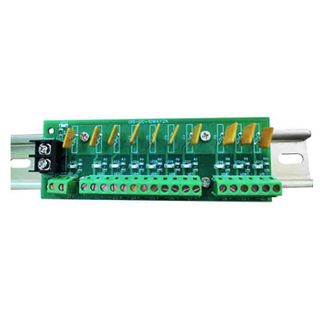 PSS, Fused 10 way power distribution board, 12V-28V AC/DC input, 10x resettable 2 Amp fused outputs, Screw terminals, DIN rail mounting.