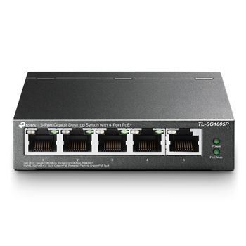 TP LINK, 5 port gigabit POE switch, Desk mount, Steel case, 5x 10/100/1000Mbps (4 with POE), 56W POE budget, 53.5V DC, includes PSU.