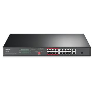 TP LINK, 16 port POE switch, Rack mount, Steel case, 16x 10/100 POE+ ports, 2x Gigabit RJ45 & 1x Gigabit Combo SFP slots, 30W POE per port, total 150W alowance.