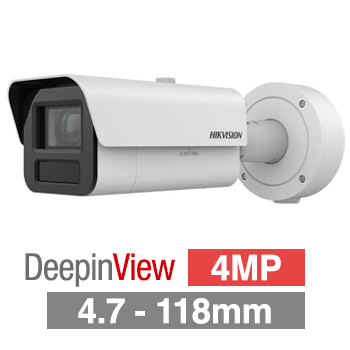 HIKVISION, 4MP DeepinView HD-IP outdoor ANPR Bullet camera, White, 4.7-118mm motorised zoom lens, 200m IR, WDR, I/O (Alarm & Audio), 1/2.5” CMOS, H.265+, IP67, IK10, 12V DC/POE