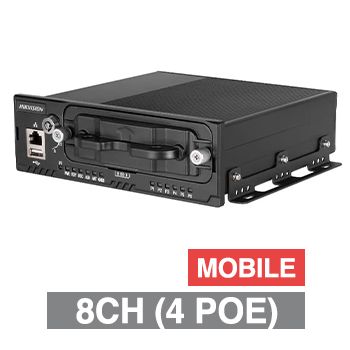 HIKVISION, HD-IP PoE Mobile NVR, 8 channel (4 x POE), NO HDD/SSD (2x 2TB max, 2.5" HDD), Max 5MP camera streams, H.265, GPS, 4G, 9-36V DC,