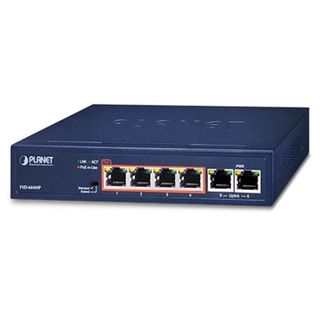 PLANET, 6 Port 10/100 Mbits Unmanaged switch, 4 Ports 10/100 Mbits HPoE + 2 Port Ethernet, 60 Watt output max, IEEE 802.3af, desktop, internall PSU