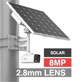 HIKVISION, 8MP ColorVu 4G-LTE outdoor Bullet camera w/ Solar power kit (incl. battery), 2.8mm lens, 30m White Light, WDR, 1/1.2” CMOS, H.265+, IP67, Micro SD card slot (Up to 256GB), 80W solar panel.