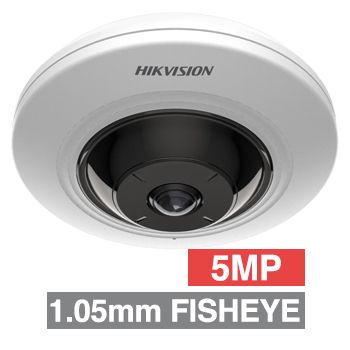 HIKVISION, 5MP DeepinView HD-IP 180 degree Fisheye camera, White/Black, 1.05mm fixed lens, 8m IR, Built in Mic, WDR, Day/Night (ICR), 1/2.7" CMOS, H.265/H.265+.