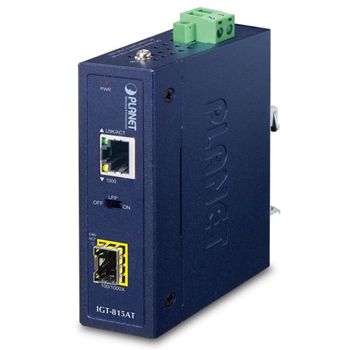 PLANET, Industrial Fibre converter, Gigabit ethernet to 100/1000 base-X or FX fibre, Single Mode or Multi Mode, SFP connectors, Din mount, -40 to 75 degrees operating temp, 9-48V DC, PSU required.
