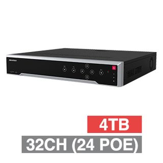 HIKVISION, 4K-IP NVR, 32 channel (24x POE ports), 320Mbps bandwidth, 1x 4TB SATA HDD (4x 14TB max), VMD, 1x Ethernet, 2x USB2.0 & 1x USB3.0, 1 Audio In/Out, 2x HDMI/1xVGA