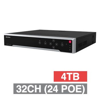 HIKVISION, 4K-IP NVR, 32 channel (24x POE ports), 320Mbps bandwidth, 1x 4TB SATA HDD (4x 14TB max), VMD, 1x Ethernet, 2x USB2.0 & 1x USB3.0, 1 Audio In/Out, 2x HDMI/1xVGA