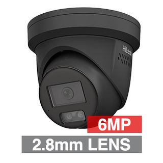 HILOOK, AIO 6MP HD-IP Outdoor Turret camera with Red & Blue Strobe, 2 Way Audio, Black, 2.8mm lens, 30m IR or White light, 120dB WDR, 1/2.4" CMOS, H.265/H.265+, IP67, Tri-axis, MIC, 12V DC/PoE