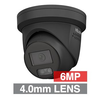 HILOOK, AIO 6MP HD-IP Outdoor Turret camera with Red & Blue Strobe, 2 Way Audio, Black, 4.0mm lens, 30m IR or White light, 120dB WDR, 1/2.4" CMOS, H.265/H.265+, IP67, Tri-axis, MIC, 12V DC/PoE