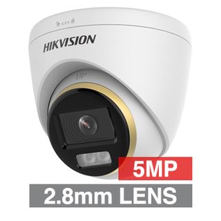 HIKVISION, 5MP Analogue HD ColorVu outdoor Turret camera, White, 2.8mm fixed lens, TVI/AHD/CVI/CVBS, 30m IR & White Light, 130dB WDR, Day/Night (ICR), IP67, Tri-axis, 12V DC