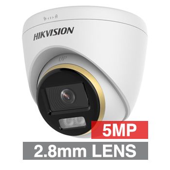 HIKVISION, 5MP Analogue HD ColorVu outdoor Turret camera, White, 2.8mm fixed lens, TVI/AHD/CVI/CVBS, 30m IR & White Light, 130dB WDR, Day/Night (ICR), IP67, Tri-axis, 12V DC