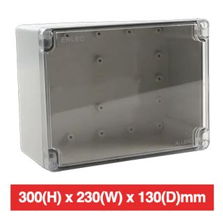 ALLBRO, IP66 screw lid enclosure, Polycarbonate, Grey with clear lid, Flame retardant, Stainless steel screws, 300(H) x 230(W) x 130(D)mm, internal metal plate is ALL-ENL3023DP.