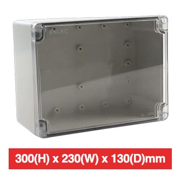 ALLBRO, IP66 screw lid enclosure, Polycarbonate, Grey with clear lid, Flame retardant, Stainless steel screws, 300(H) x 230(W) x 130(D)mm, internal metal plate is ALL-ENL3023DP.