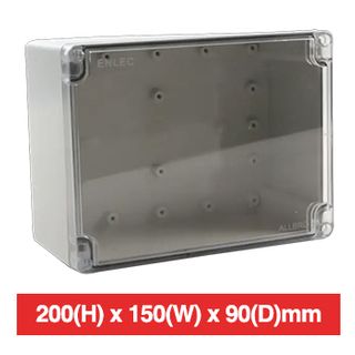 ALLBRO, IP66 screw lid enclosure, Polycarbonate, Grey with clear lid, Flame retardant, Stainless steel screws, 200(H) x 150(W) x 90(D)mm, internal metal plate is ALL-ENL2015DP.