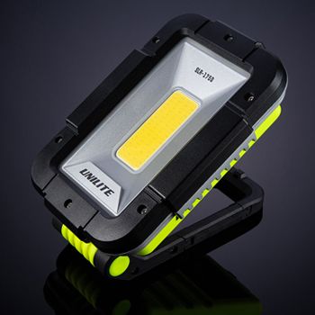 UNILITE, Folding rechargeable LED work light, 1750 lumens, Black copolymer/alum., Magnetic mount & clip, 102 x 158 x 55mm (folded), USB port for charging devices, IPX5, 50m beam, 10,400mAh Li-on batt.